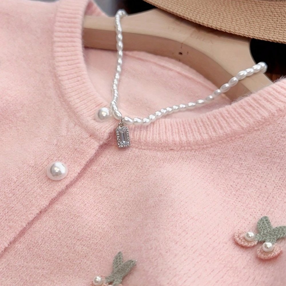 Blush Meadow Embroidered Faux Pearl Cherry Sweater Cardigan - Picture 4 of 5